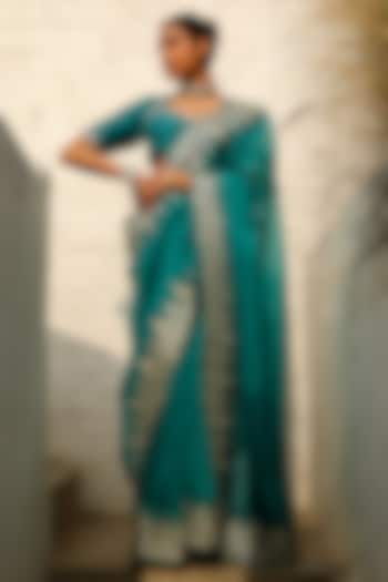 Teal Green Viscose Raw Silk Zari Embroidered Saree Set by Rooh By Ridhimaa