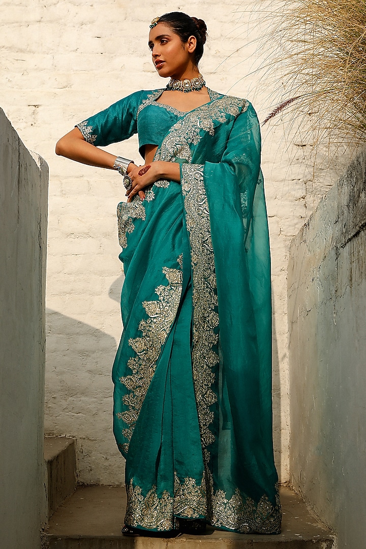 Teal Green Viscose Raw Silk Zari Embroidered Saree Set by Rooh By Ridhimaa