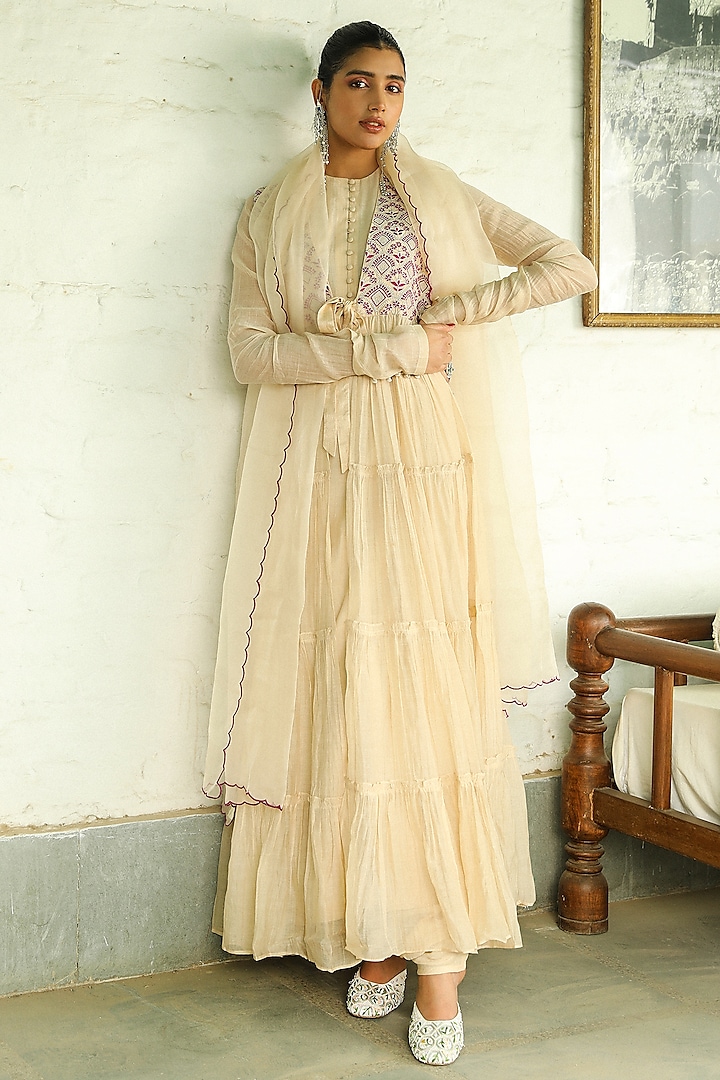 Beige Pure Handloom Silk Chanderi Zari Embroidered Jacket Anarkali Set by Rooh By Ridhimaa