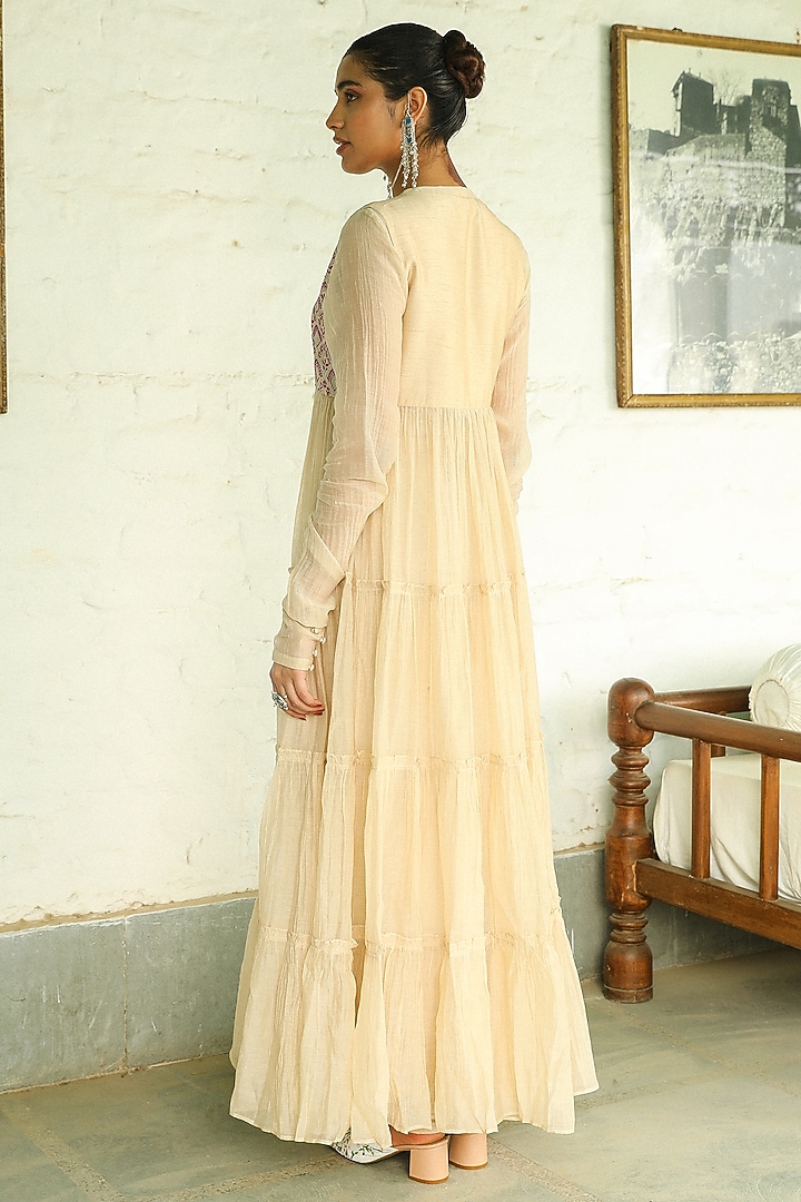 Beige Pure Handloom Silk Chanderi Zari Embroidered Jacket Wedding Anarkali Set by RoohbyRidhimaa at Pernia's Pop Up Shop