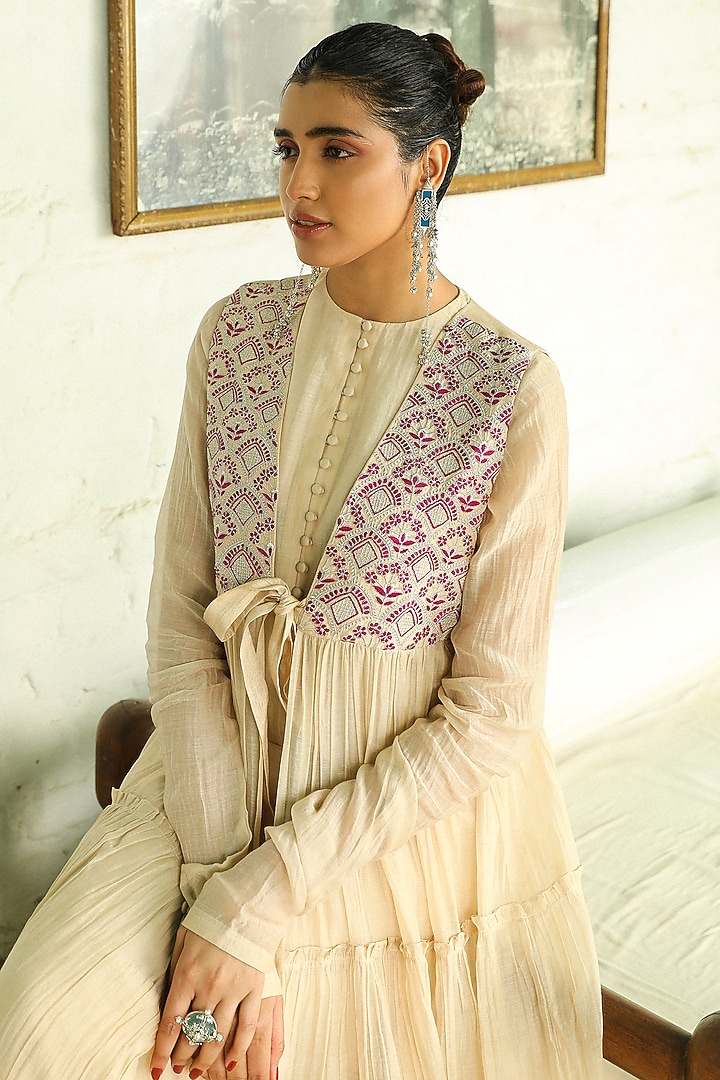 Beige Pure Handloom Silk Chanderi Zari Embroidered Jacket Wedding Anarkali Set by RoohbyRidhimaa at Pernia's Pop Up Shop