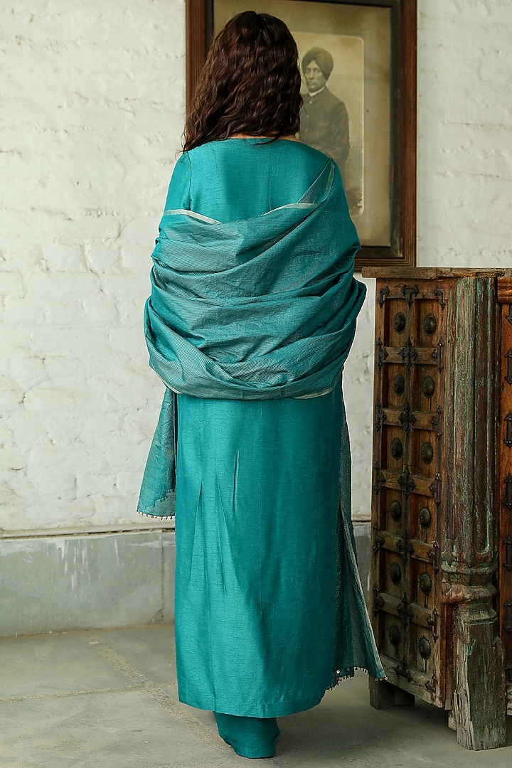 Teal Blue Viscose Raw Silk Zari Embroidered Kurta Set by RoohbyRidhimaa at Pernia's Pop Up Shop