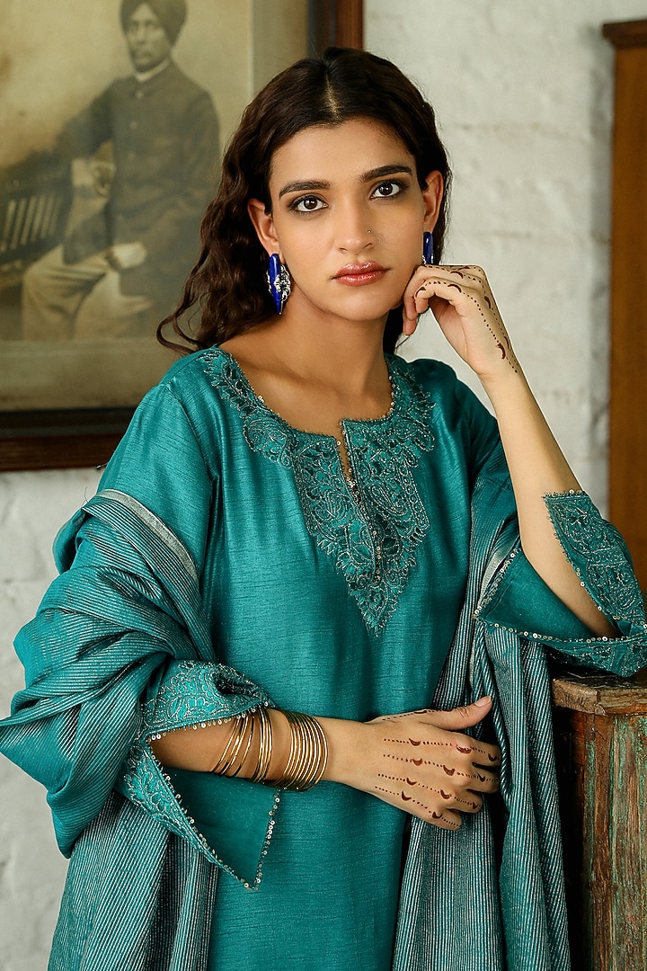 Teal Blue Viscose Raw Silk Zari Embroidered Kurta Set by RoohbyRidhimaa at Pernia's Pop Up Shop