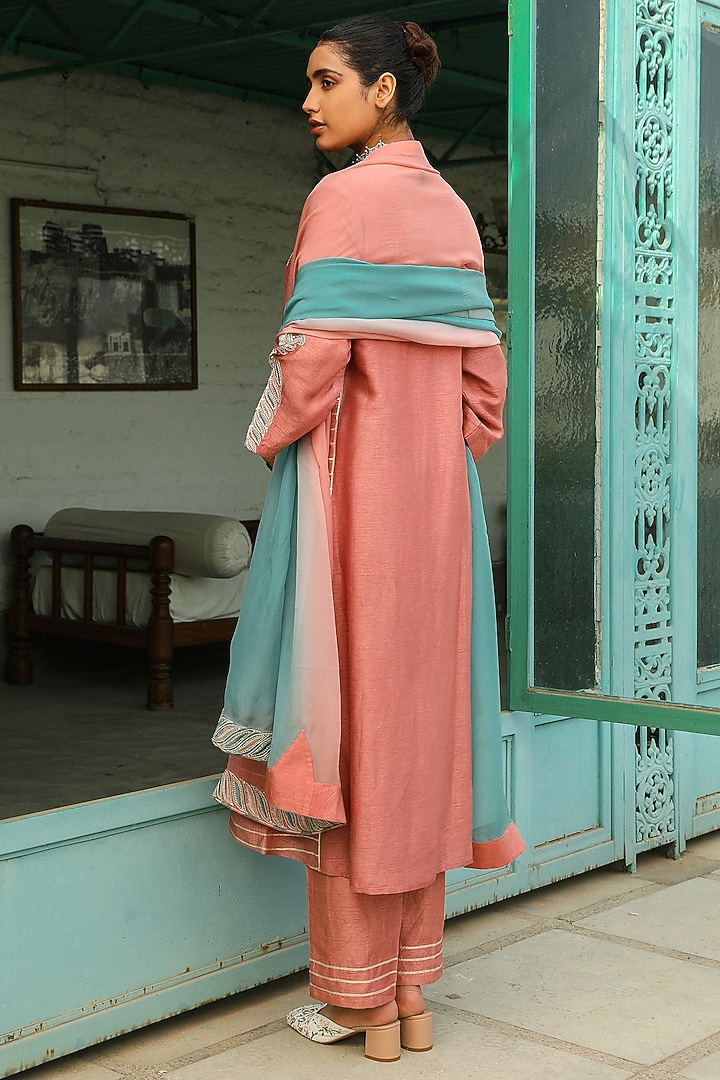 Salmon Pink Viscose Raw Silk Resham Embroidered Kurta Set by RoohbyRidhimaa at Pernia's Pop Up Shop