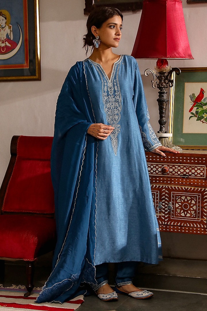 Cobalt Blue Viscose Raw Silk Resham Embroidered Kurta Set by Rooh By Ridhimaa