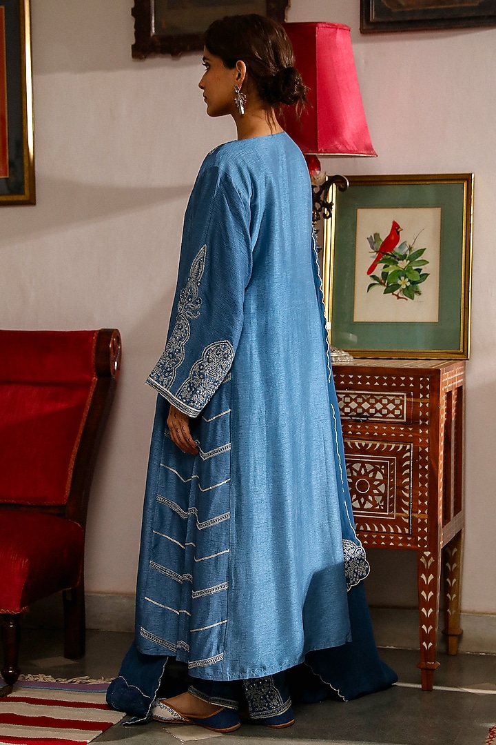 Cobalt Blue Viscose Raw Silk Resham Embroidered Kurta Set by RoohbyRidhimaa at Pernia's Pop Up Shop