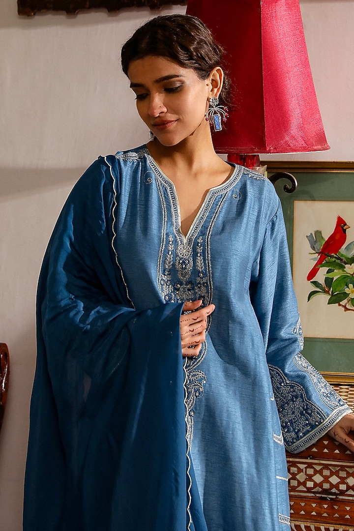 Cobalt Blue Viscose Raw Silk Resham Embroidered Kurta Set by RoohbyRidhimaa at Pernia's Pop Up Shop