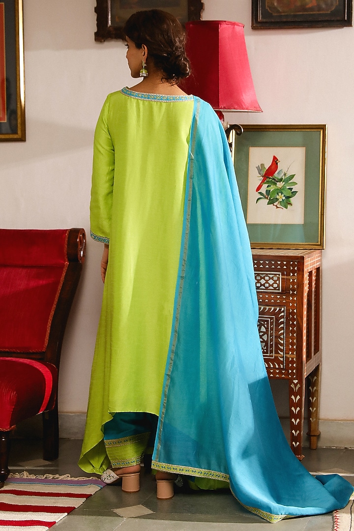 Vibrant Green Viscose Raw Silk Zari Embroidered Asymmetric Kurta Set by RoohbyRidhimaa at Pernia's Pop Up Shop