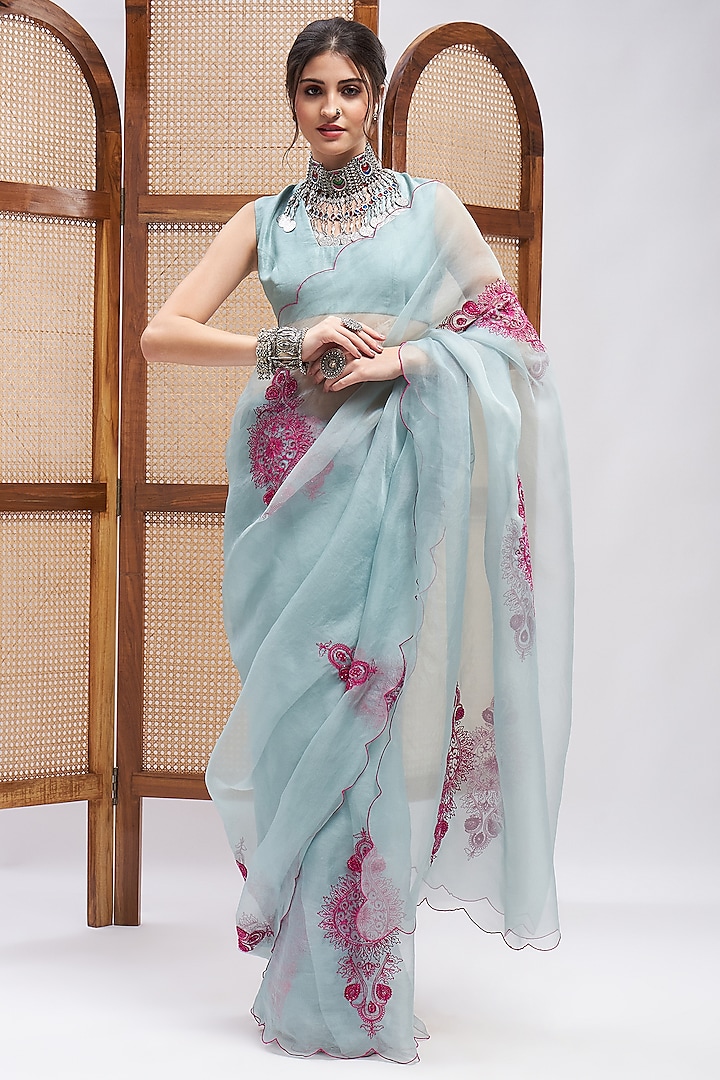 Sky Blue Pure Silk Organza Resham Embroidered Saree Set by Rooh By Ridhimaa