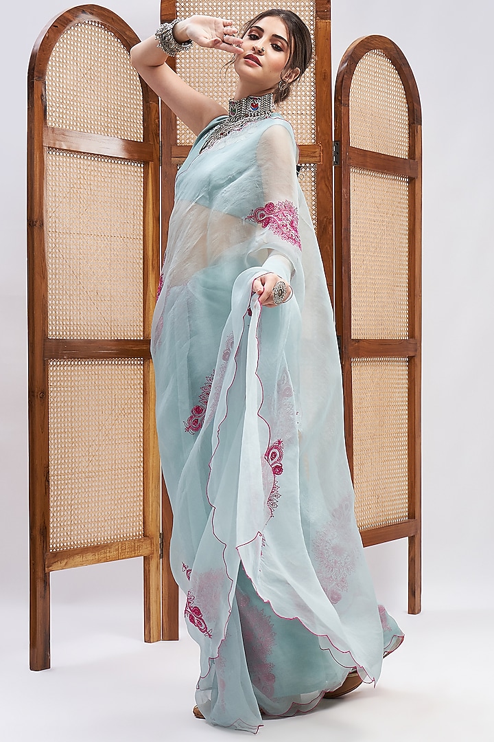 Sky Blue Pure Silk Organza Resham Embroidered Wedding Saree Set by RoohbyRidhimaa at Pernia's Pop Up Shop