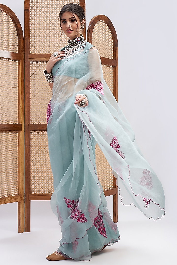 Sky Blue Pure Silk Organza Resham Embroidered Wedding Saree Set by RoohbyRidhimaa at Pernia's Pop Up Shop