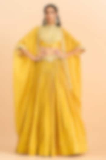 Mustard Yellow Viscose Organza Embroidered Jacket Wedding Lehenga Set by RoohbyRidhimaa at Pernia's Pop Up Shop
