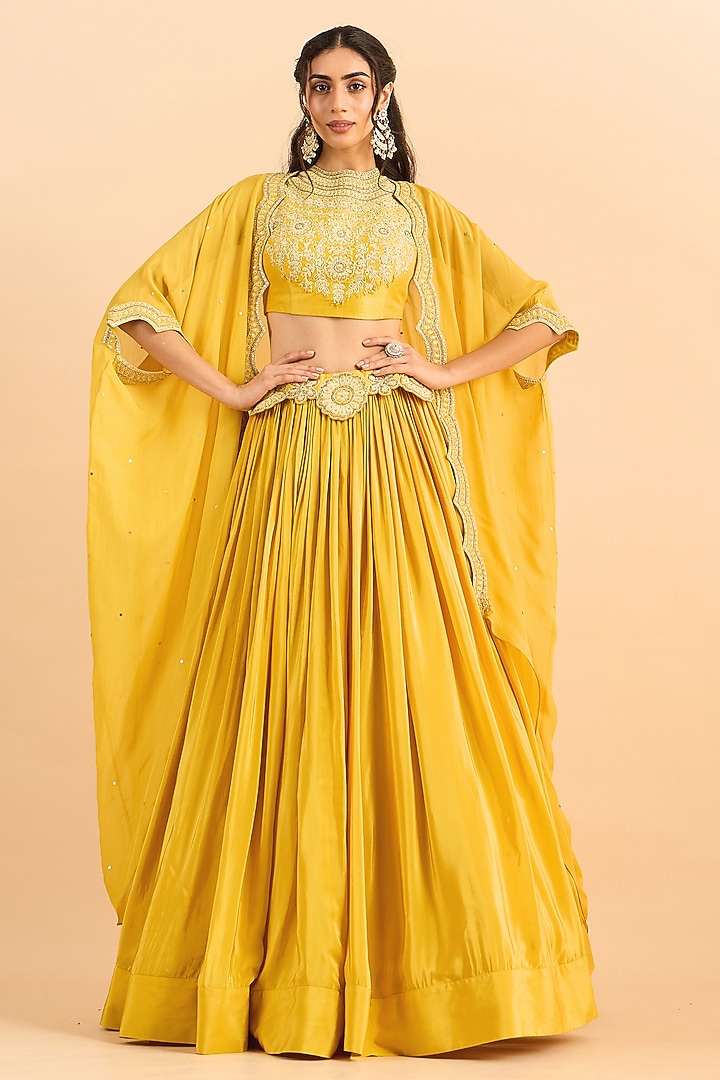 Mustard Yellow Viscose Organza Embroidered Jacket Wedding Lehenga Set by RoohbyRidhimaa at Pernia's Pop Up Shop