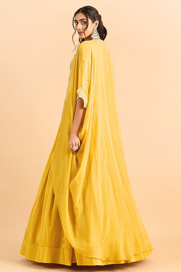 Mustard Yellow Viscose Organza Embroidered Jacket Wedding Lehenga Set by RoohbyRidhimaa at Pernia's Pop Up Shop