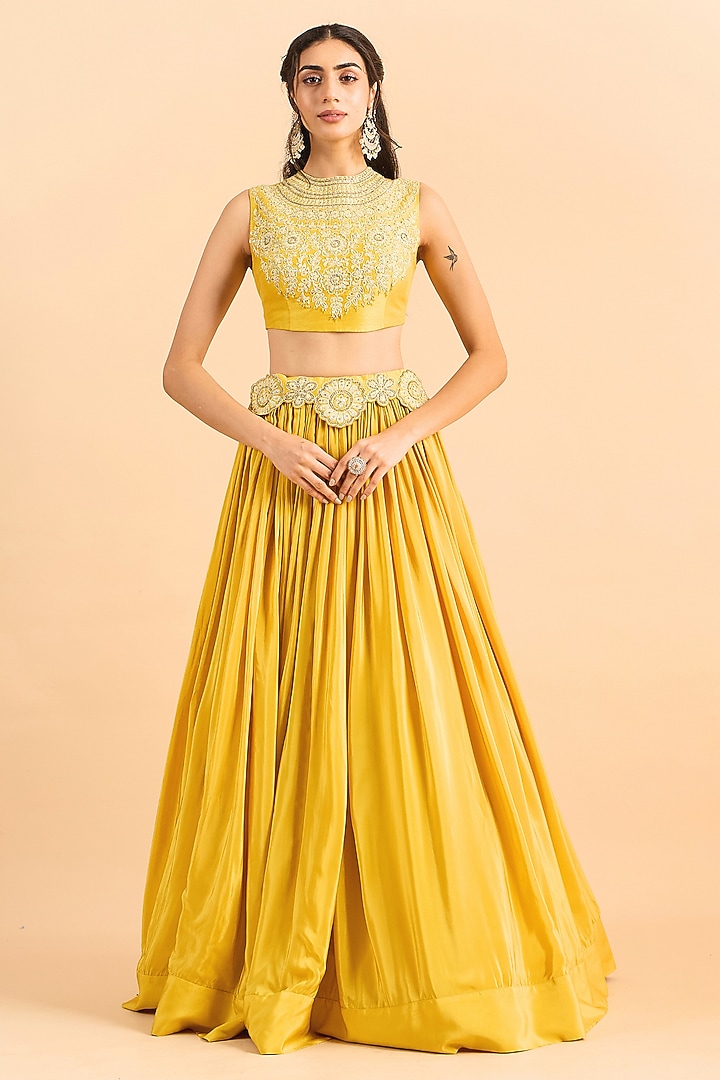 Mustard Yellow Viscose Organza Embroidered Jacket Wedding Lehenga Set by RoohbyRidhimaa at Pernia's Pop Up Shop