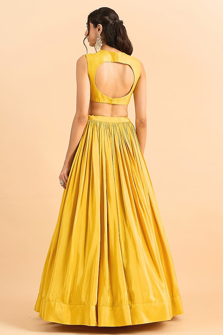 Mustard Yellow Viscose Organza Embroidered Jacket Wedding Lehenga Set by RoohbyRidhimaa at Pernia's Pop Up Shop