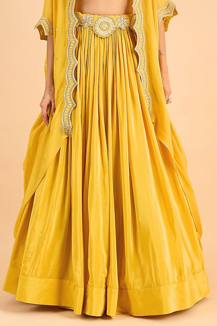 Mustard Yellow Viscose Organza Embroidered Jacket Wedding Lehenga Set by RoohbyRidhimaa at Pernia's Pop Up Shop