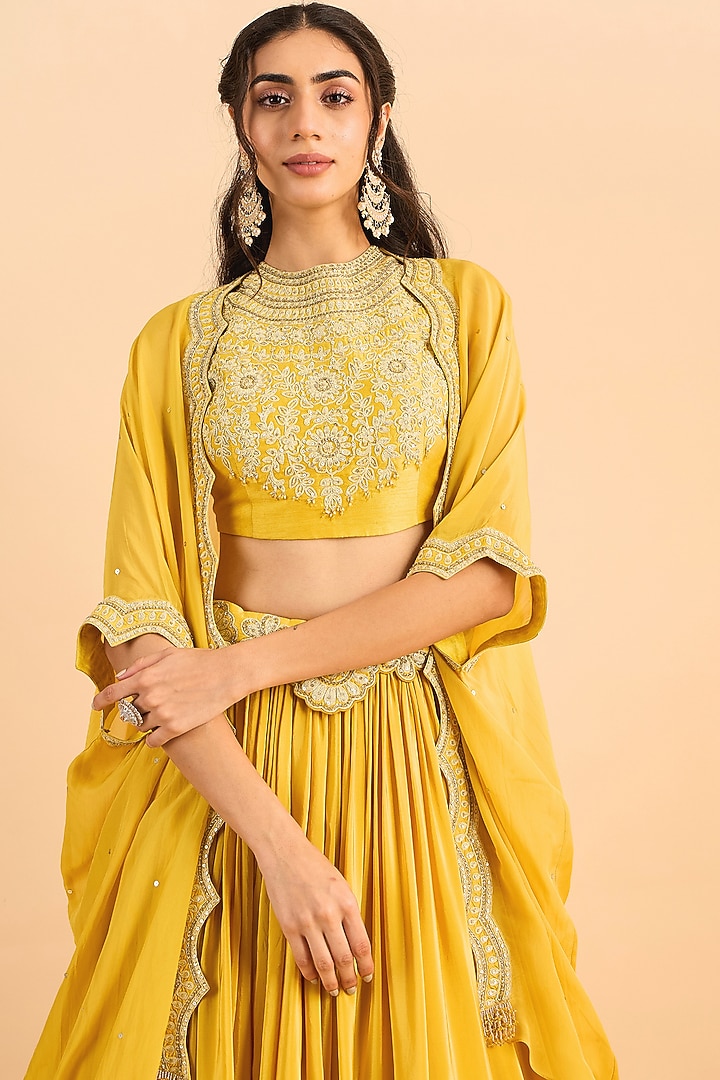 Mustard Yellow Viscose Organza Embroidered Jacket Wedding Lehenga Set by RoohbyRidhimaa at Pernia's Pop Up Shop