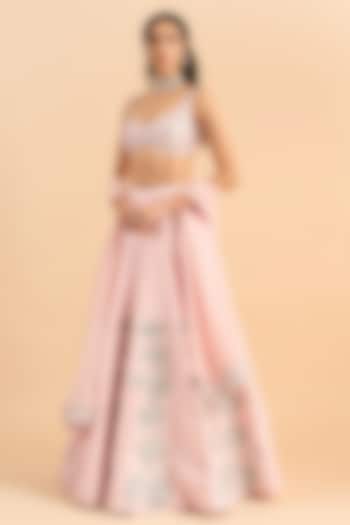 Powder Pink Viscose Raw Silk Hand Embroidered Wedding Lehenga Set by RoohbyRidhimaa at Pernia's Pop Up Shop