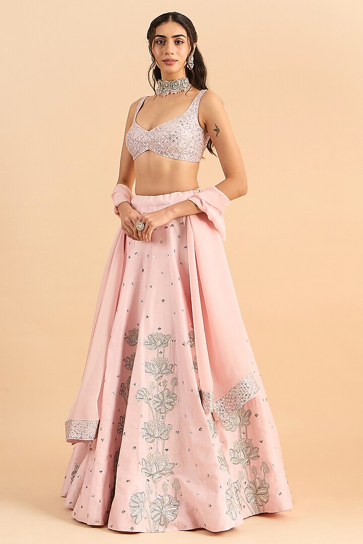 Powder Pink Viscose Raw Silk Hand Embroidered Wedding Lehenga Set by RoohbyRidhimaa at Pernia's Pop Up Shop