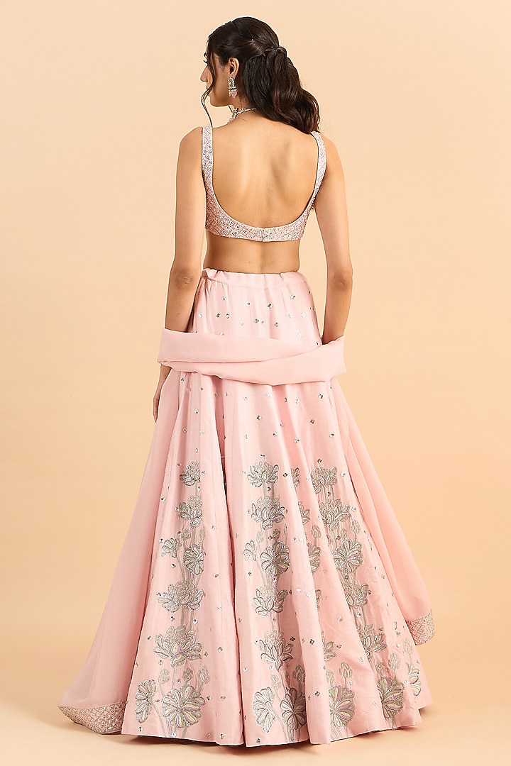 Powder Pink Viscose Raw Silk Hand Embroidered Wedding Lehenga Set by RoohbyRidhimaa at Pernia's Pop Up Shop