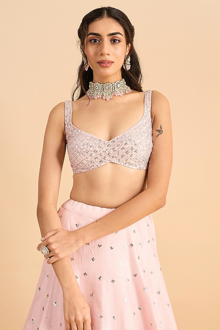 Powder Pink Viscose Raw Silk Hand Embroidered Wedding Lehenga Set by RoohbyRidhimaa at Pernia's Pop Up Shop