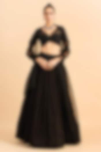 Black Viscose Raw Silk Hand Embroidered Wedding Lehenga Set by RoohbyRidhimaa at Pernia's Pop Up Shop