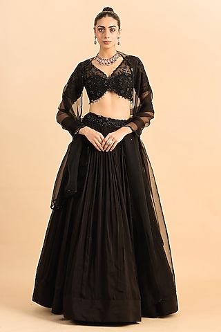 Black Viscose Raw Silk Hand Embroidered Lehenga Set by RoohbyRidhimaa