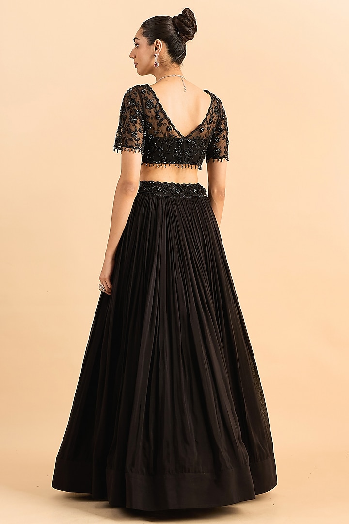 Black Viscose Raw Silk Hand Embroidered Wedding Lehenga Set by RoohbyRidhimaa at Pernia's Pop Up Shop