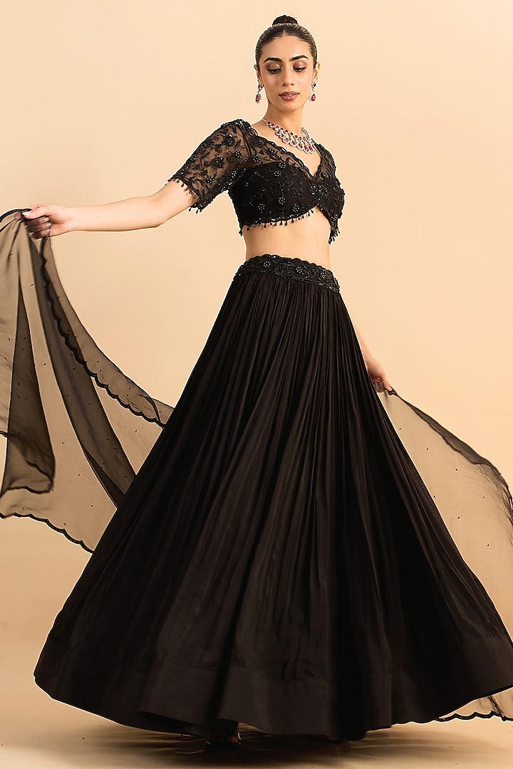 Black Viscose Raw Silk Hand Embroidered Wedding Lehenga Set by RoohbyRidhimaa at Pernia's Pop Up Shop