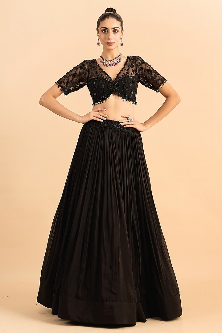 Black Viscose Raw Silk Hand Embroidered Wedding Lehenga Set by RoohbyRidhimaa at Pernia's Pop Up Shop