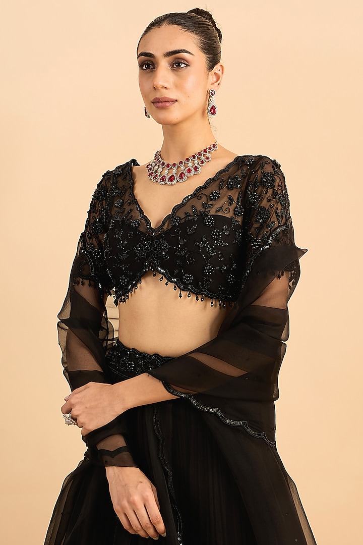 Black Viscose Raw Silk Hand Embroidered Wedding Lehenga Set by RoohbyRidhimaa at Pernia's Pop Up Shop