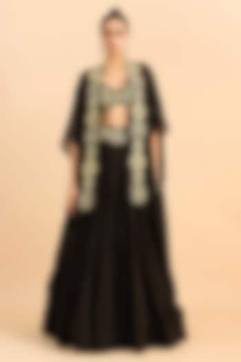 Black Viscose Raw Silk Hand Embroidered Jacket Wedding Lehenga Set by RoohbyRidhimaa at Pernia's Pop Up Shop