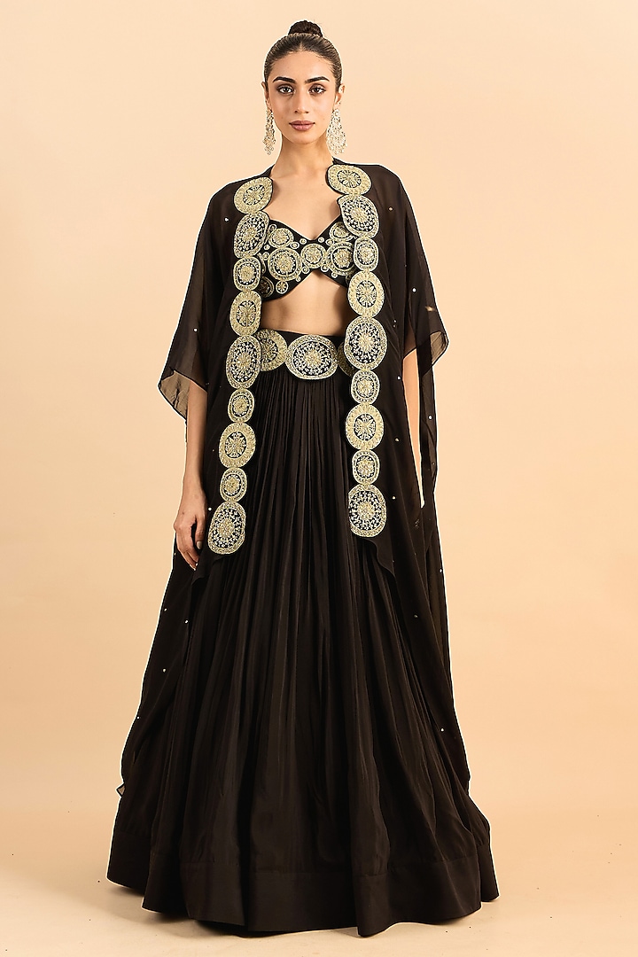 Black Viscose Raw Silk Hand Embroidered Jacket Wedding Lehenga Set by RoohbyRidhimaa at Pernia's Pop Up Shop