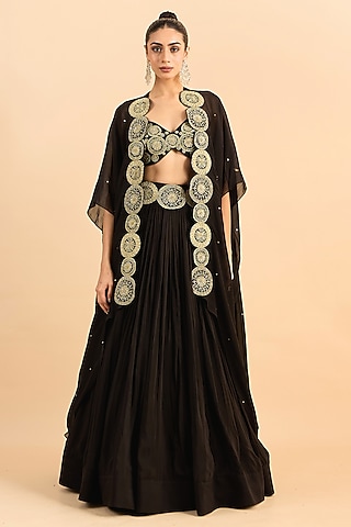 Black Viscose Raw Silk Hand Embroidered Jacket Lehenga Set by RoohbyRidhimaa