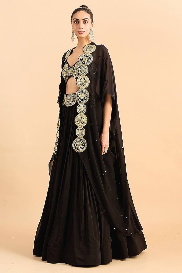 Black Viscose Raw Silk Hand Embroidered Jacket Wedding Lehenga Set by RoohbyRidhimaa at Pernia's Pop Up Shop