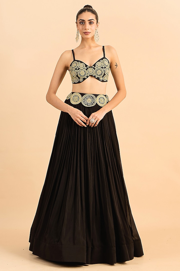 Black Viscose Raw Silk Hand Embroidered Jacket Wedding Lehenga Set by RoohbyRidhimaa at Pernia's Pop Up Shop