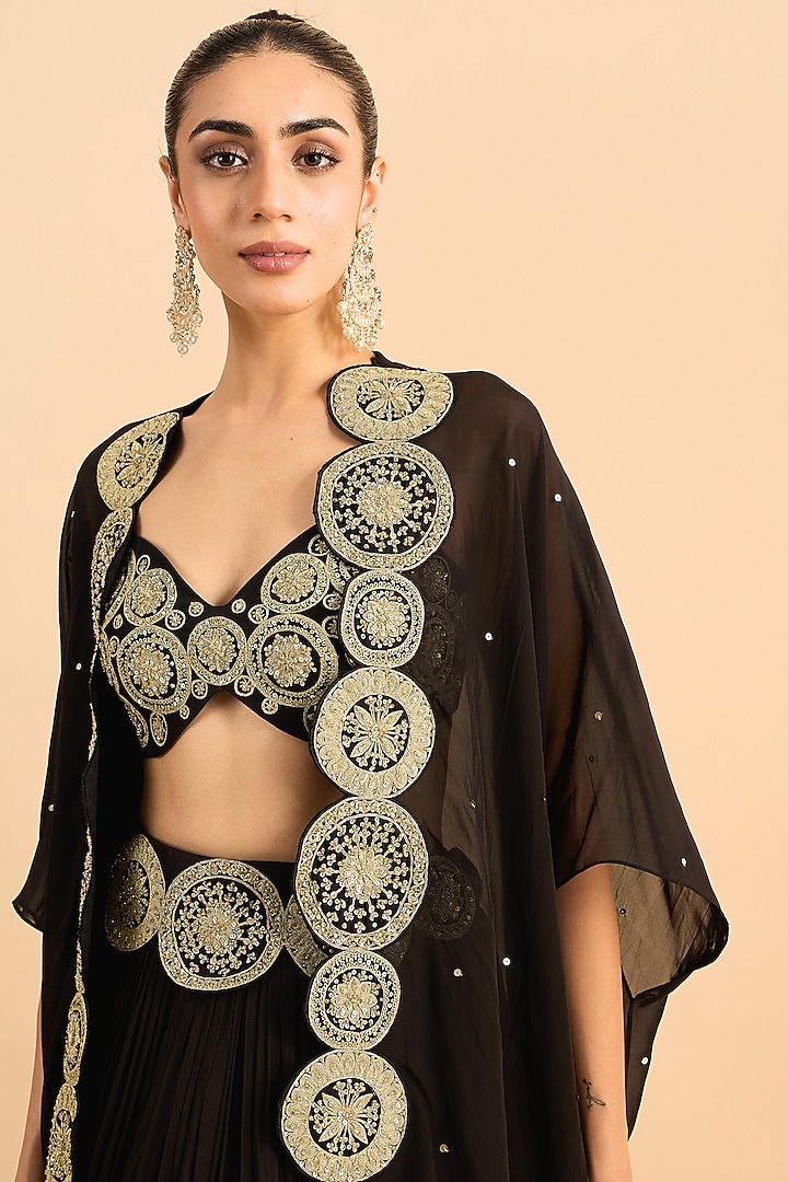 Black Viscose Raw Silk Hand Embroidered Jacket Wedding Lehenga Set by RoohbyRidhimaa at Pernia's Pop Up Shop