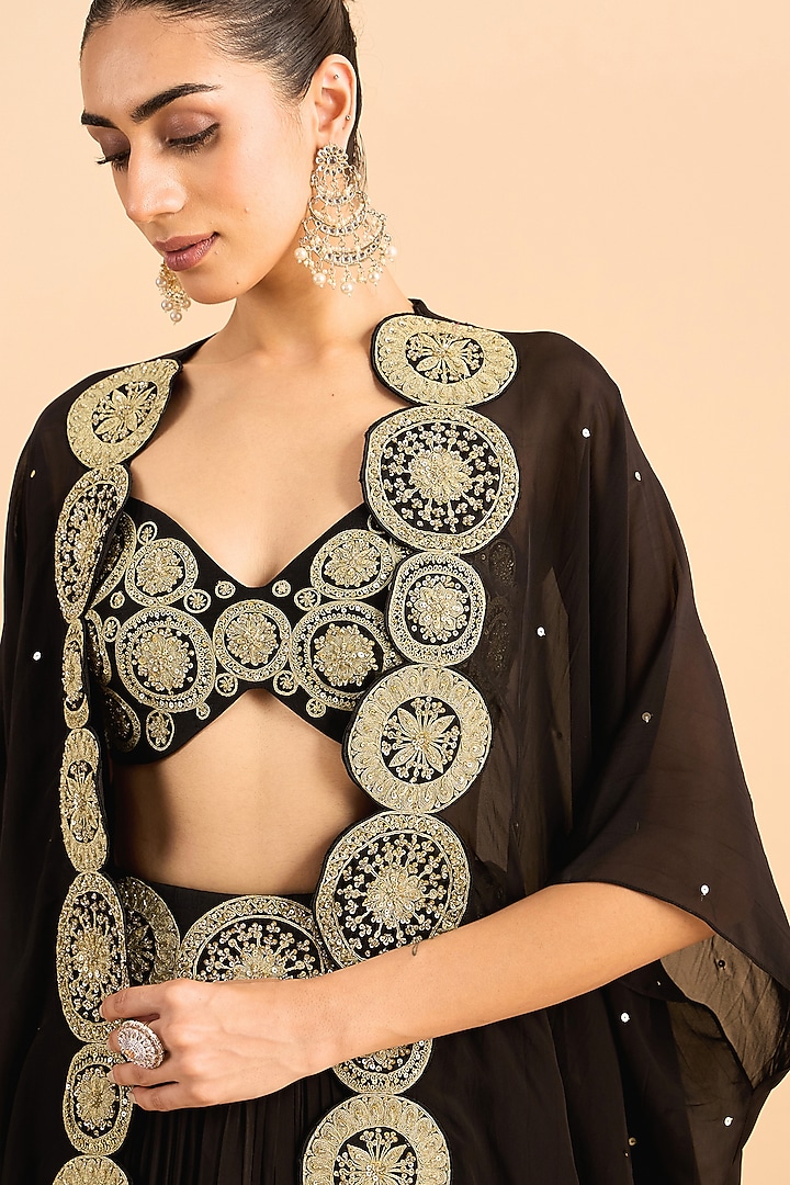 Black Viscose Raw Silk Hand Embroidered Jacket Wedding Lehenga Set by RoohbyRidhimaa at Pernia's Pop Up Shop