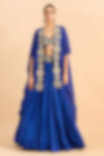 Blue Viscose Raw Silk Hand Embroidered Jacket Wedding Lehenga Set by RoohbyRidhimaa at Pernia's Pop Up Shop