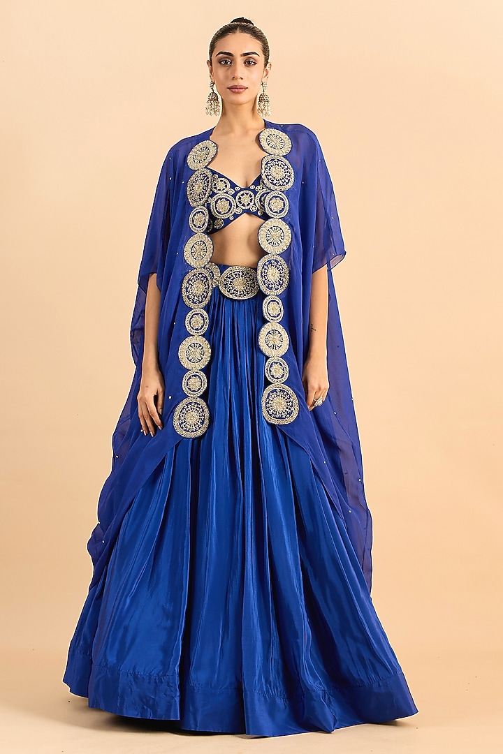 Blue Viscose Raw Silk Hand Embroidered Jacket Wedding Lehenga Set by RoohbyRidhimaa at Pernia's Pop Up Shop