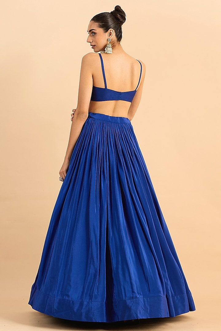 Blue Viscose Raw Silk Hand Embroidered Jacket Wedding Lehenga Set by RoohbyRidhimaa at Pernia's Pop Up Shop