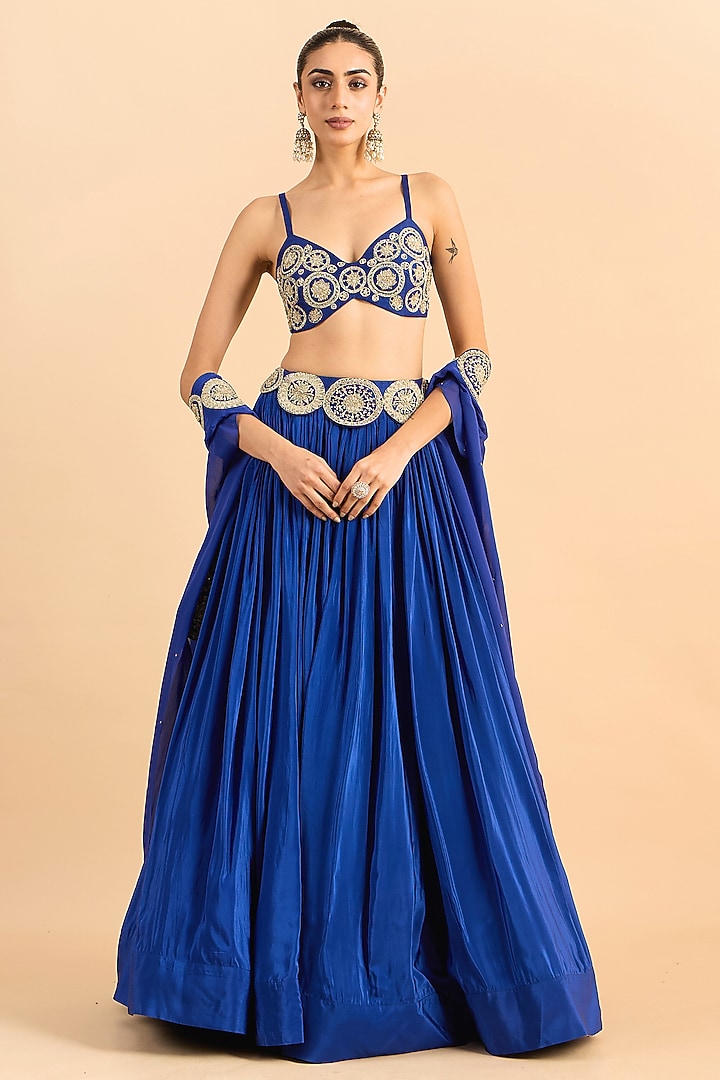 Blue Viscose Raw Silk Hand Embroidered Jacket Wedding Lehenga Set by RoohbyRidhimaa at Pernia's Pop Up Shop