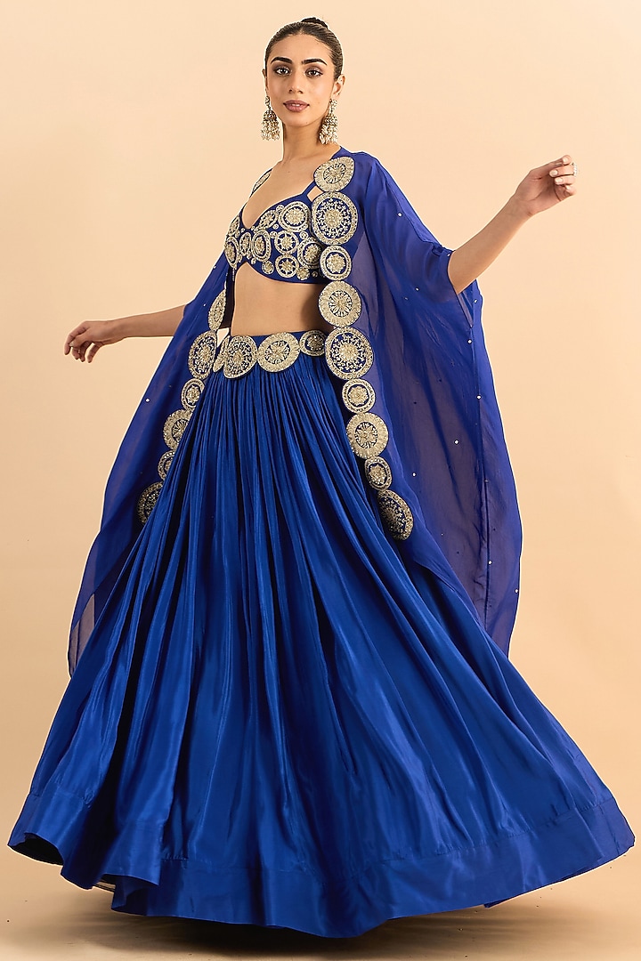 Blue Viscose Raw Silk Hand Embroidered Jacket Wedding Lehenga Set by RoohbyRidhimaa at Pernia's Pop Up Shop