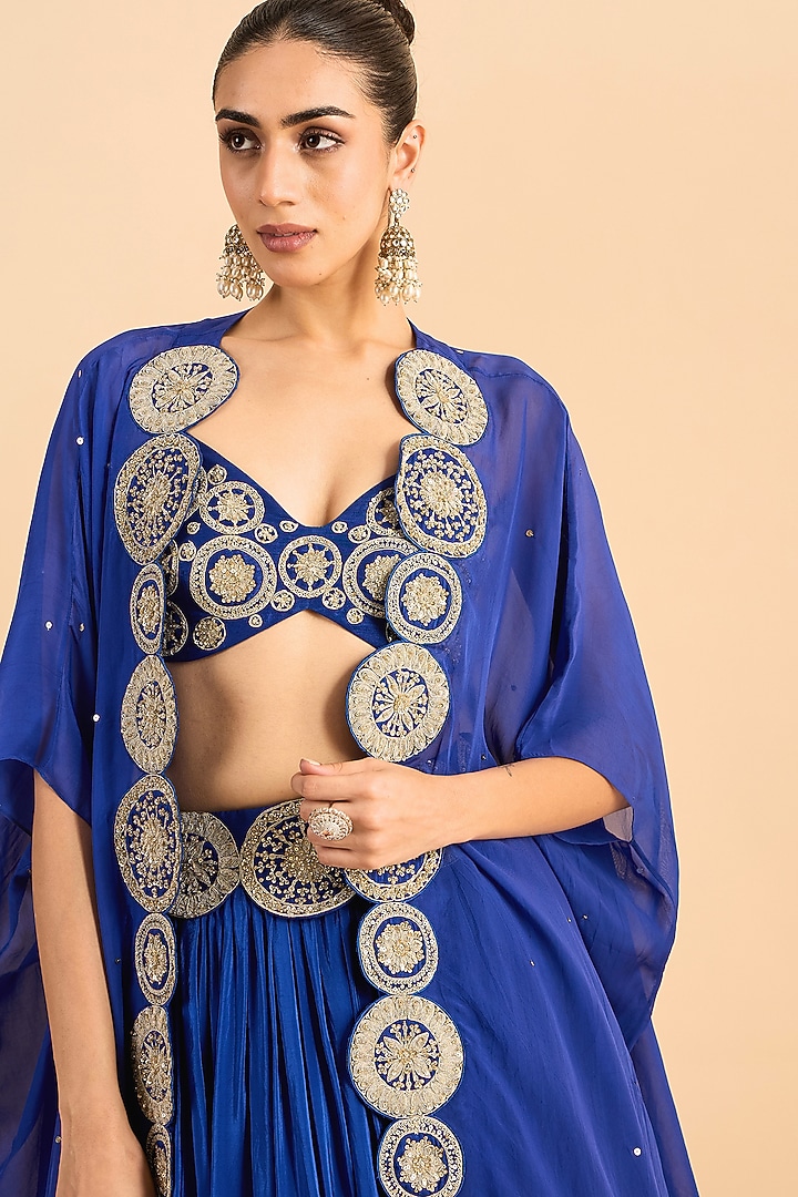 Blue Viscose Raw Silk Hand Embroidered Jacket Wedding Lehenga Set by RoohbyRidhimaa at Pernia's Pop Up Shop