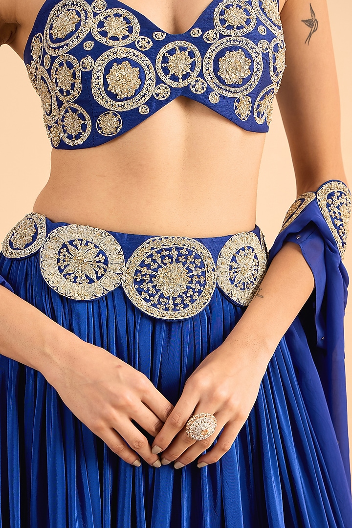 Blue Viscose Raw Silk Hand Embroidered Jacket Wedding Lehenga Set by RoohbyRidhimaa at Pernia's Pop Up Shop