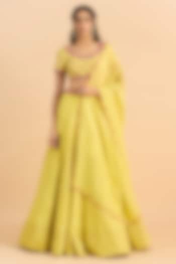 Yellow Pure Viscose Raw Silk Embroidered Wedding Lehenga Set by RoohbyRidhimaa at Pernia's Pop Up Shop