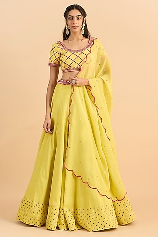 Yellow Pure Viscose Raw Silk Embroidered Lehenga Set by RoohbyRidhimaa