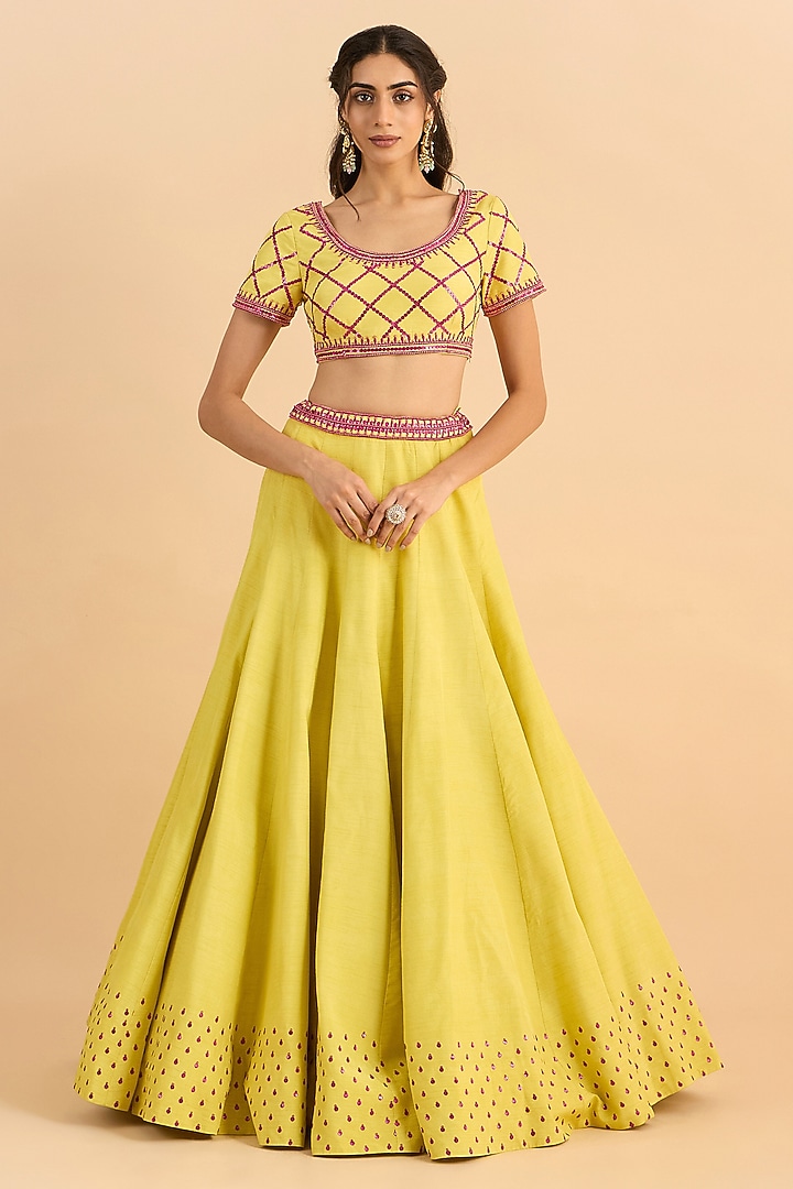 Yellow Pure Viscose Raw Silk Embroidered Wedding Lehenga Set by RoohbyRidhimaa at Pernia's Pop Up Shop