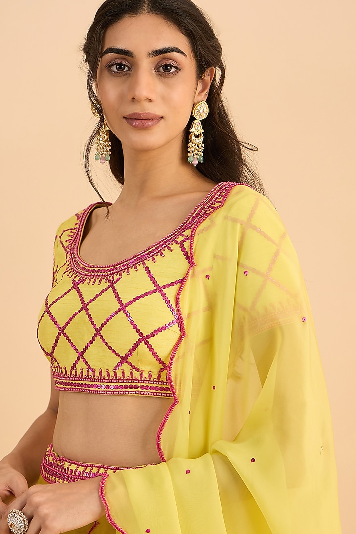 Yellow Pure Viscose Raw Silk Embroidered Wedding Lehenga Set by RoohbyRidhimaa at Pernia's Pop Up Shop